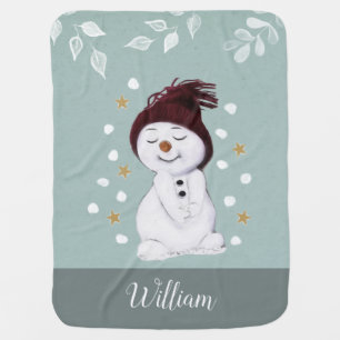 Cute Happy Snowman Winter Blue Christmas Baby Blanket
