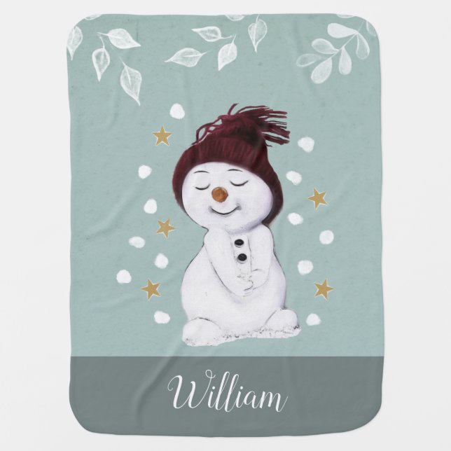 Cute Happy Snowman Winter Blue Christmas Baby Blanket (Front)