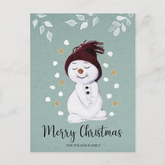 Cute Happy Snowman Winter Blue Christmas Holiday Postcard (Front)