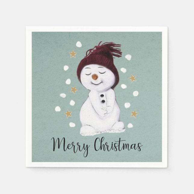 Cute Happy Snowman Winter Blue Christmas Napkins (Front)