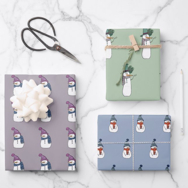 Cute Happy Snowman Wrapping Paper Set of 3 (Front)