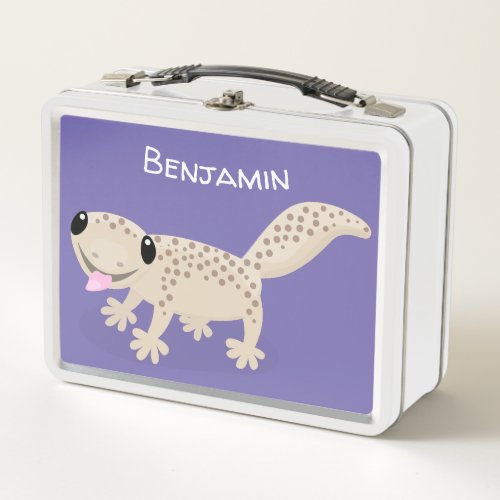 Cute happy spotted tan gecko cartoon illustration metal lunch box