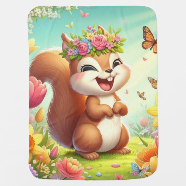 Cute, happy springtime squirrel  baby blanket (Front)