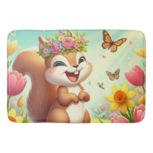 Cute, happy springtime squirrel bath mat