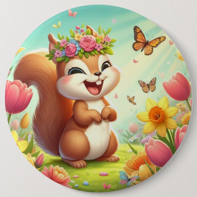 Cute, happy springtime squirrel  button (Front)