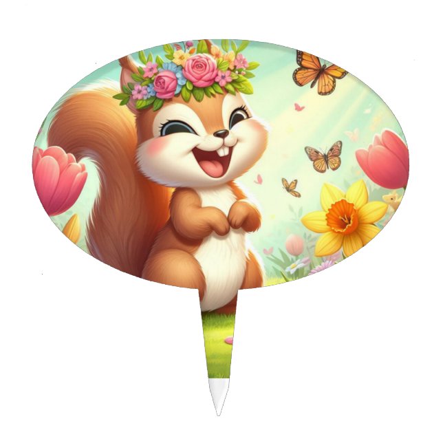 Cute, happy springtime squirrel  cake topper (Front)