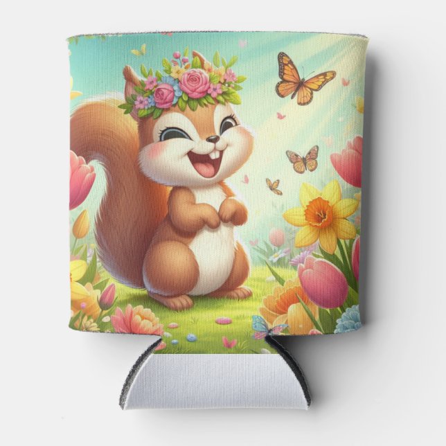 Cute, happy springtime squirrel  can cooler (Front)