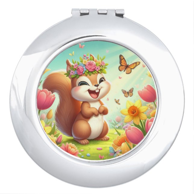Cute, happy springtime squirrel  compact mirror (Front)