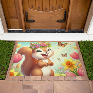 Cute, happy springtime squirrel doormat