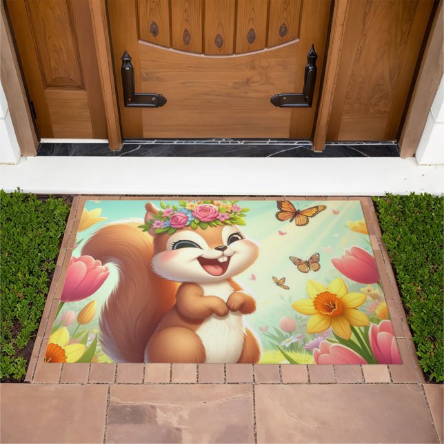 Cute, happy springtime squirrel  doormat (Outdoor)