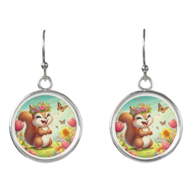 Cute, happy springtime squirrel  earrings (Front)