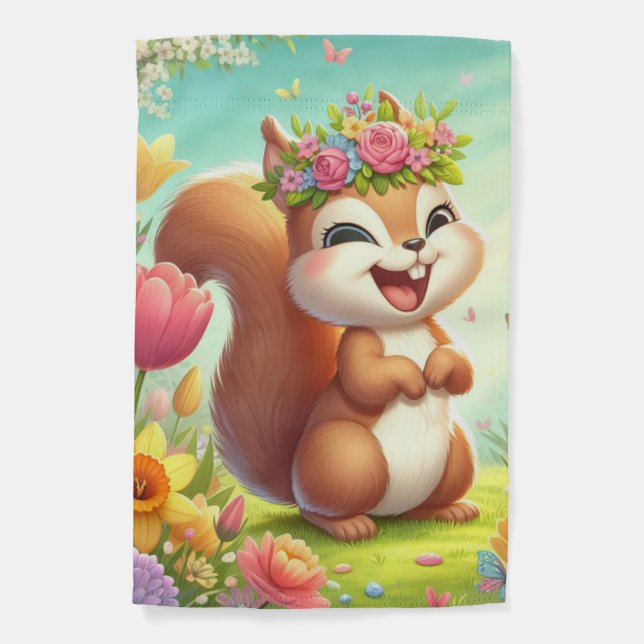Cute, happy springtime squirrel  garden flag (Front)