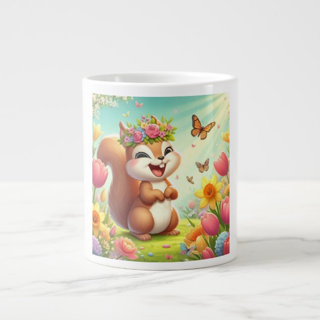 Cute, happy springtime squirrel  giant coffee mug (Front)