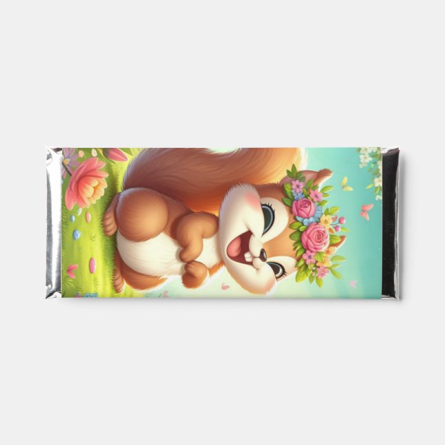 Cute, happy springtime squirrel  hershey bar favors (Front)