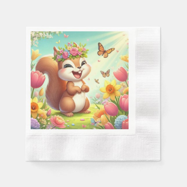 Cute, happy springtime squirrel  napkins (Front)