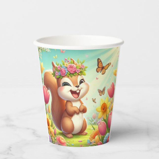Cute, happy springtime squirrel  paper cups (Front)