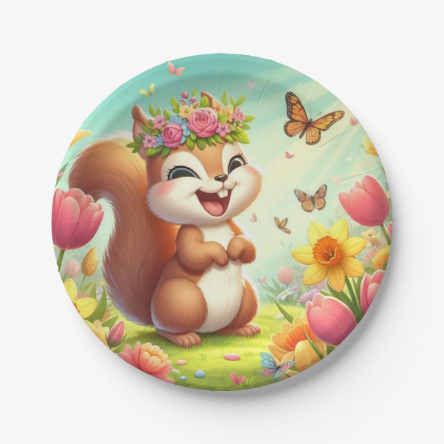 Cute, happy springtime squirrel  paper plates (Front)
