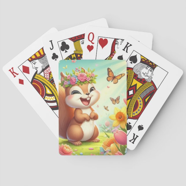Cute, happy springtime squirrel  poker cards (Back)