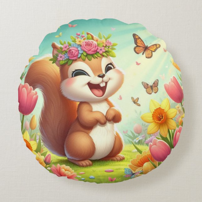 Cute, happy springtime squirrel  round pillow (Front)