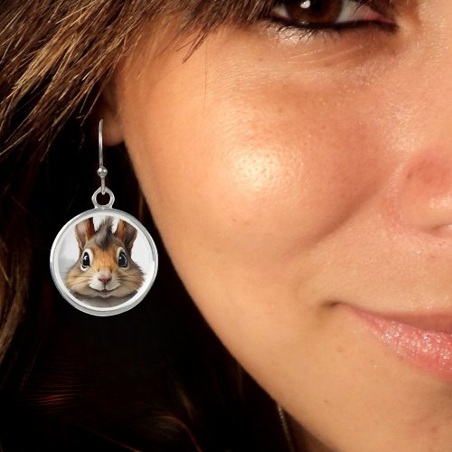 Cute Happy Squirrel Portrait Silver Round Earrings