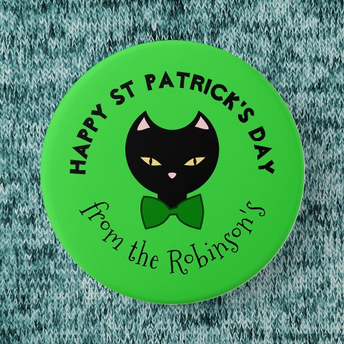 Cute Happy St Patricks Day Black Cat Emerald Green Button