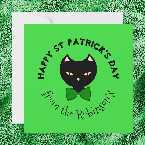 Cute Happy St Patricks Day Black Cat Emerald Green Holiday Card