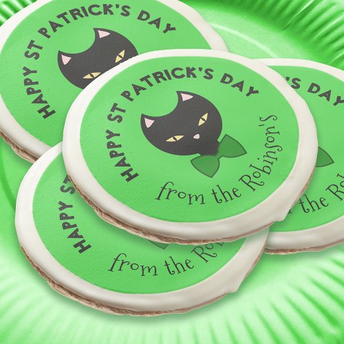 Cute Happy St Patricks Day Black Cat Green Custom Sugar Cookie