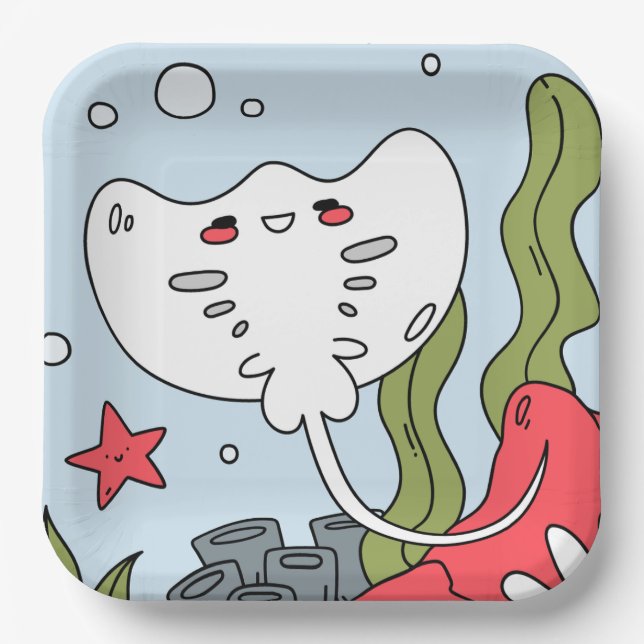 Cute Happy Stingray Art Under the Sea Party Paper Plates (Front)