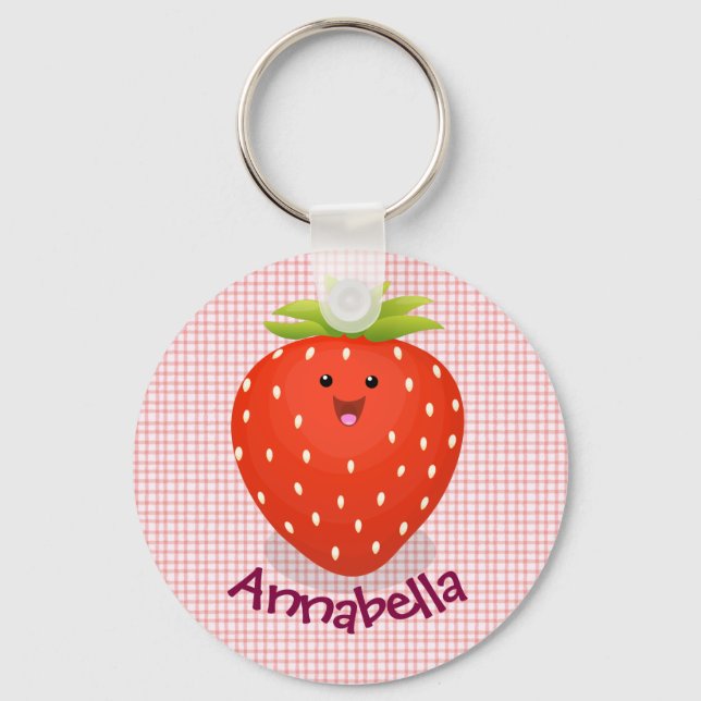 Cute happy strawberry cartoon illustration keychain (Front)