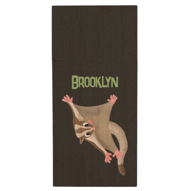 Cute happy sugar glider cartoon illustration wood flash drive (Front Vertical)