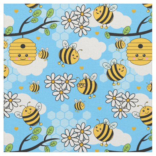 Cute Happy Summer Bees and Flowers Pattern Fabric