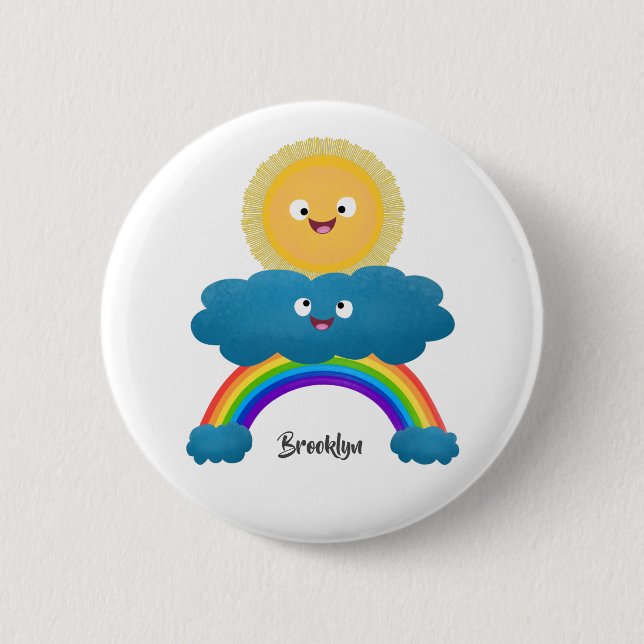 Cute happy sun cloud rainbow cartoon button (Front)