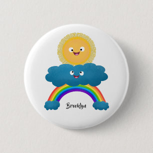 Cute happy sun cloud rainbow cartoon button