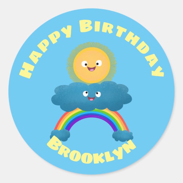 Cute happy sun cloud rainbow cartoon classic round sticker (Front)