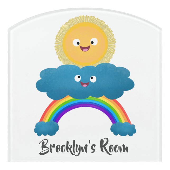 Cute happy sun cloud rainbow cartoon door sign (Contour Front)