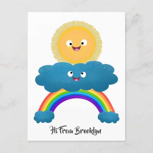 Cute happy sun cloud rainbow cartoon postcard