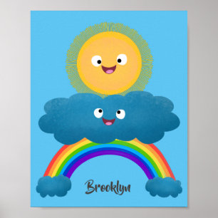 Cute happy sun cloud rainbow cartoon poster