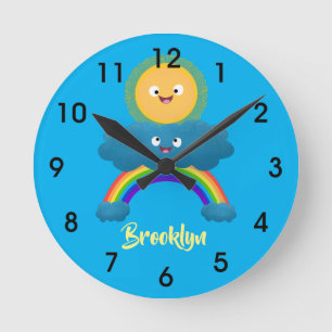 Cute happy sun cloud rainbow cartoon round clock