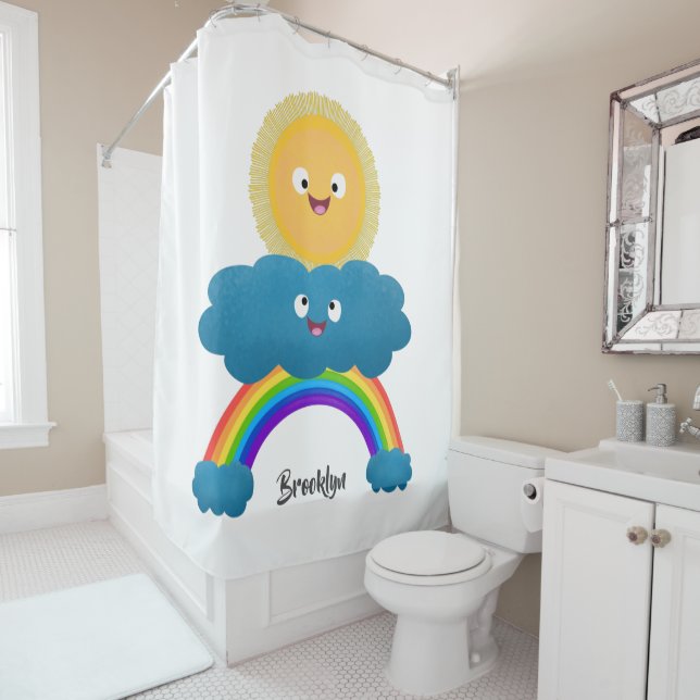 Cute happy sun cloud rainbow cartoon shower curtain (In Situ)