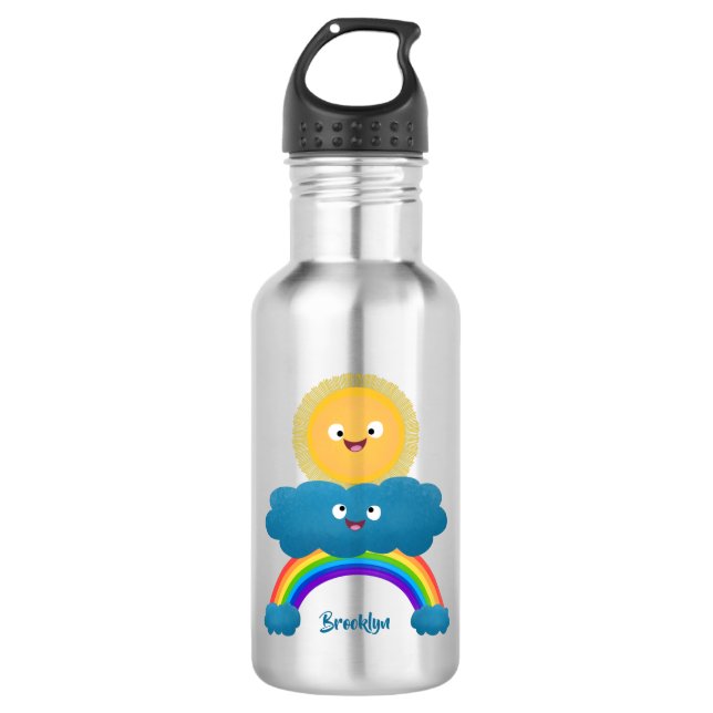 Cute happy sun cloud rainbow cartoon stainless steel water bottle (Front)