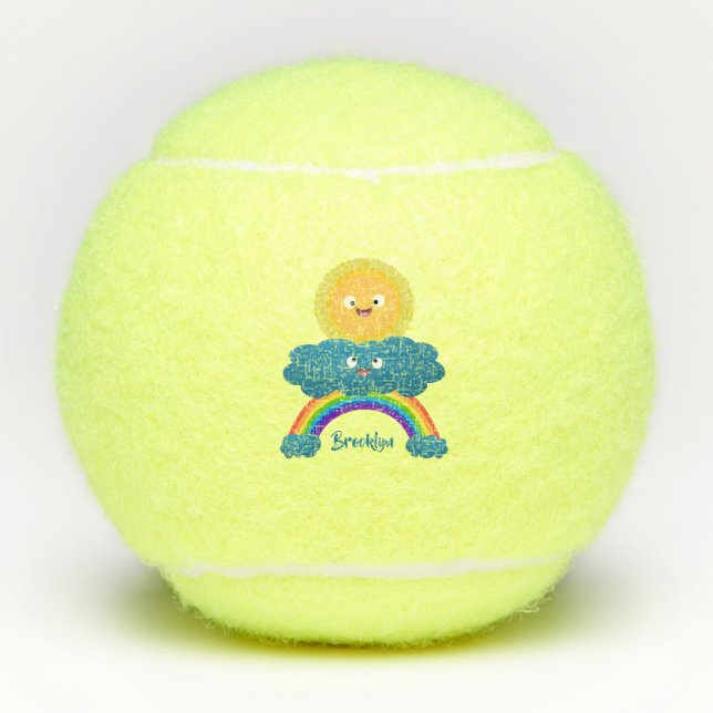 Cute happy sun cloud rainbow cartoon tennis balls (Front)