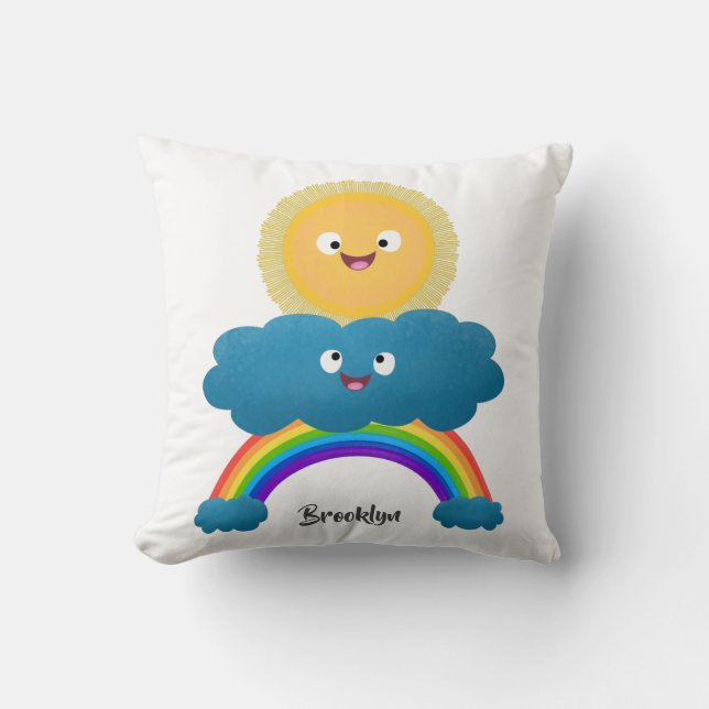 Cute happy sun cloud rainbow cartoon throw pillow (Front)