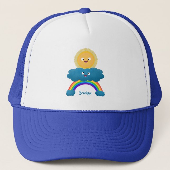Cute happy sun cloud rainbow cartoon trucker hat (Front)