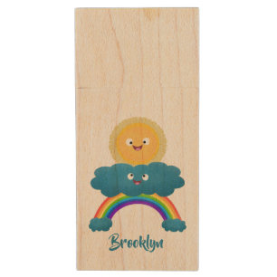 Cute happy sun cloud rainbow cartoon wood flash drive