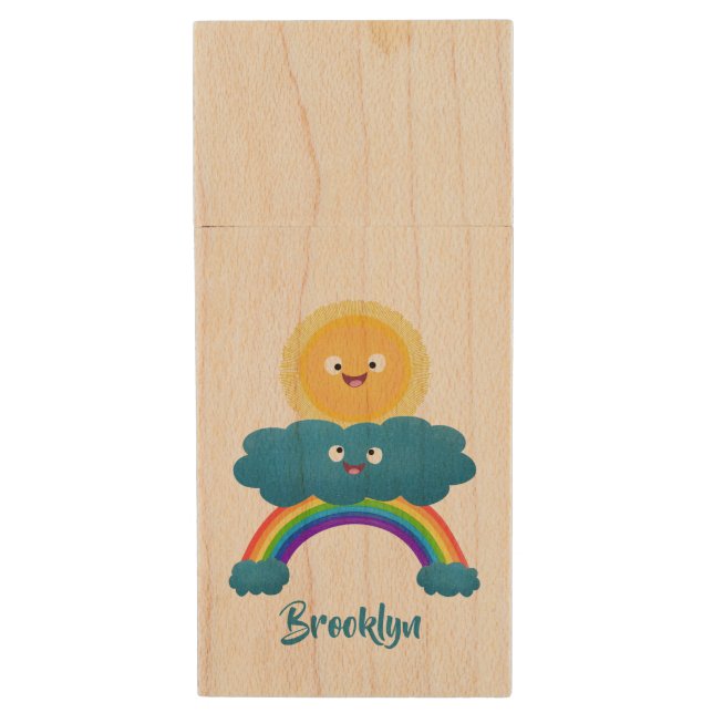 Cute happy sun cloud rainbow cartoon wood flash drive (Front Vertical)