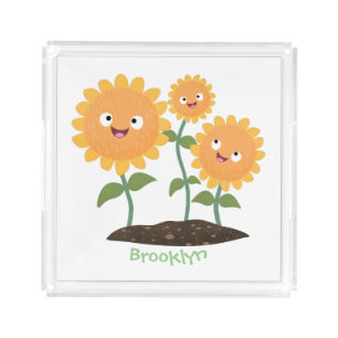 Cute happy sunflowers smiling cartoon illustration acrylic tray