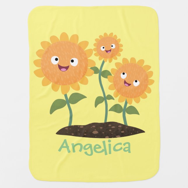 Cute happy sunflowers smiling cartoon illustration baby blanket (Front)
