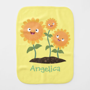 Cute happy sunflowers smiling cartoon illustration baby burp cloth