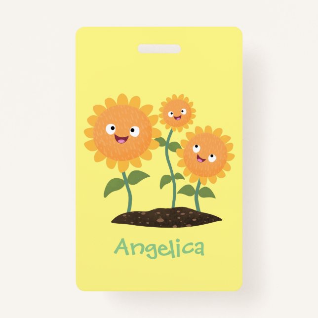 Cute happy sunflowers smiling cartoon illustration badge (Front)