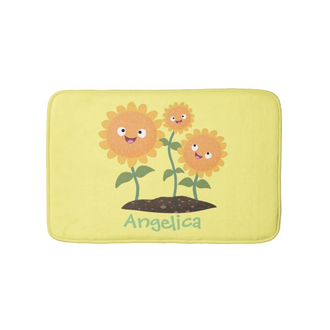 Cute happy sunflowers smiling cartoon illustration bath mat (Front)